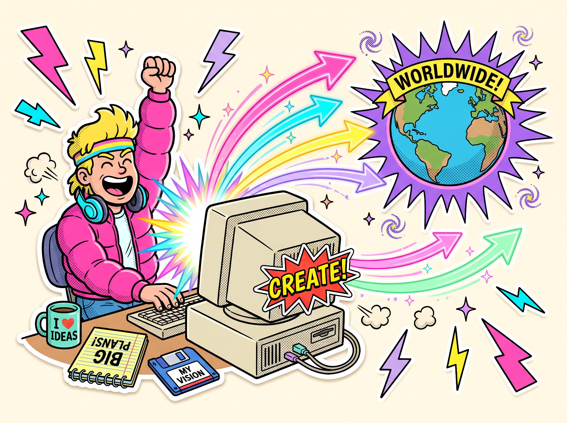 A cartoon creator at a chunky CRT computer sending colorful link arrows out to a smiling globe